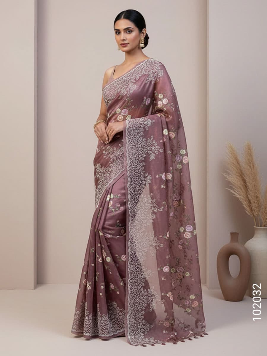 Mauve kora organza embroidery floral saree