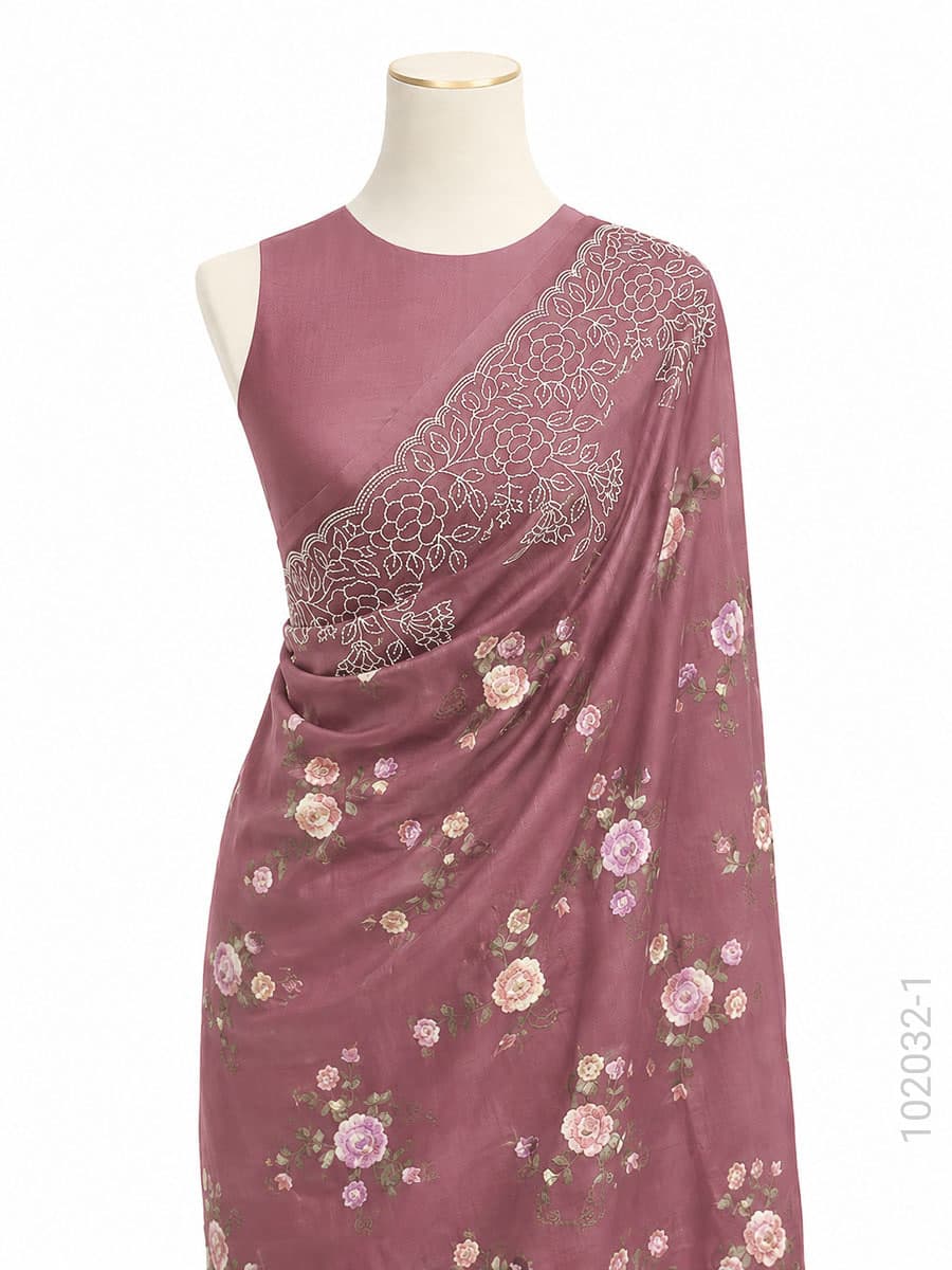 Mauve kora organza embroidery floral saree