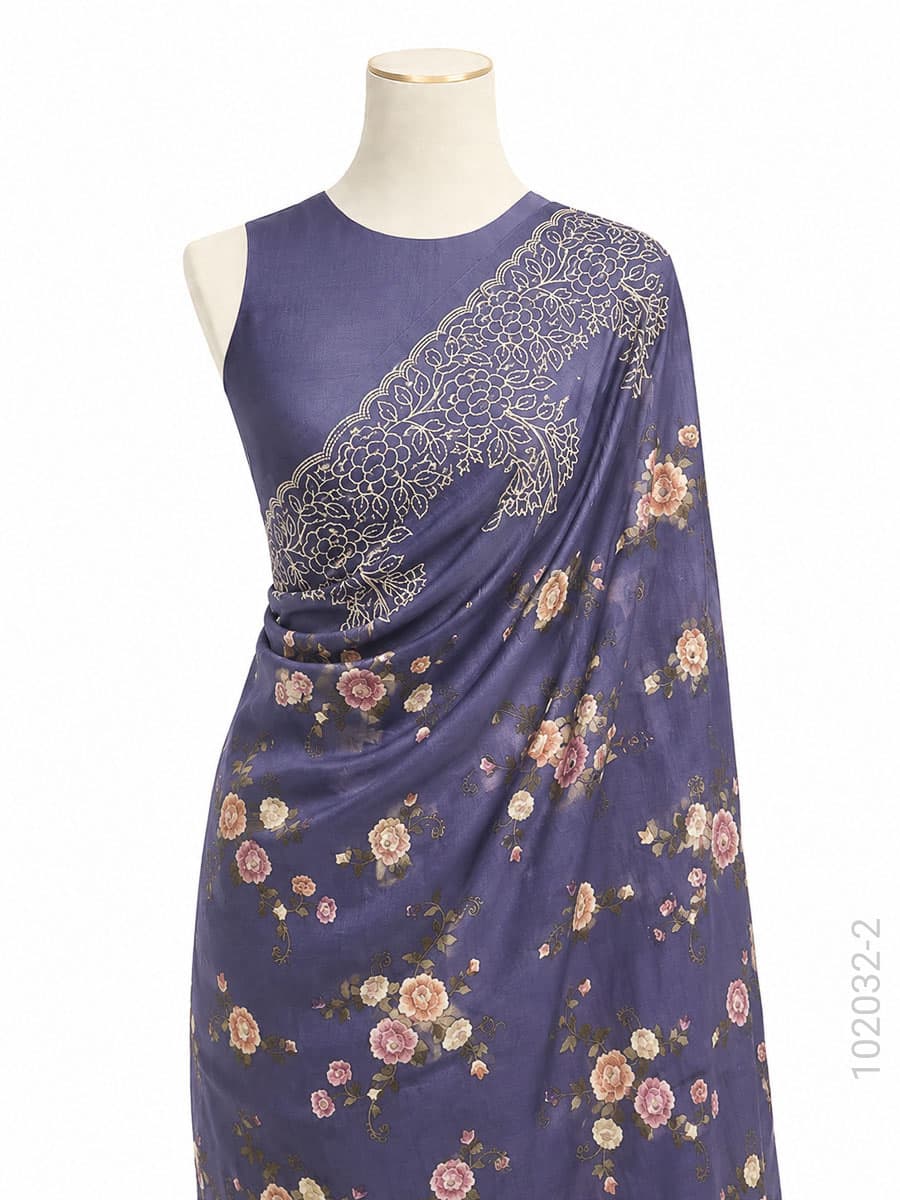 Purple kora organza embroidery floral saree