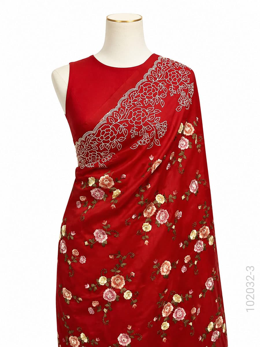 Red kora organza embroidery floral saree