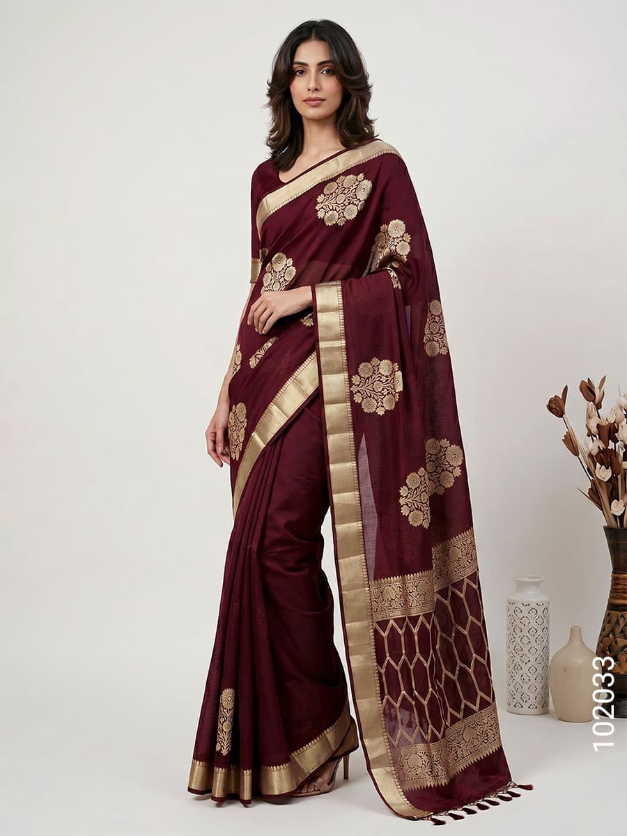 Maroon kora organza zari designer saree