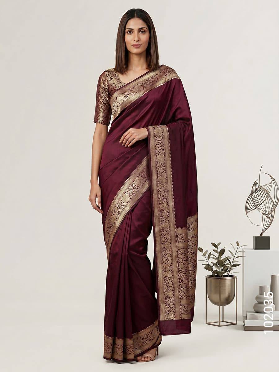 Maroon katan silk zari designer saree
