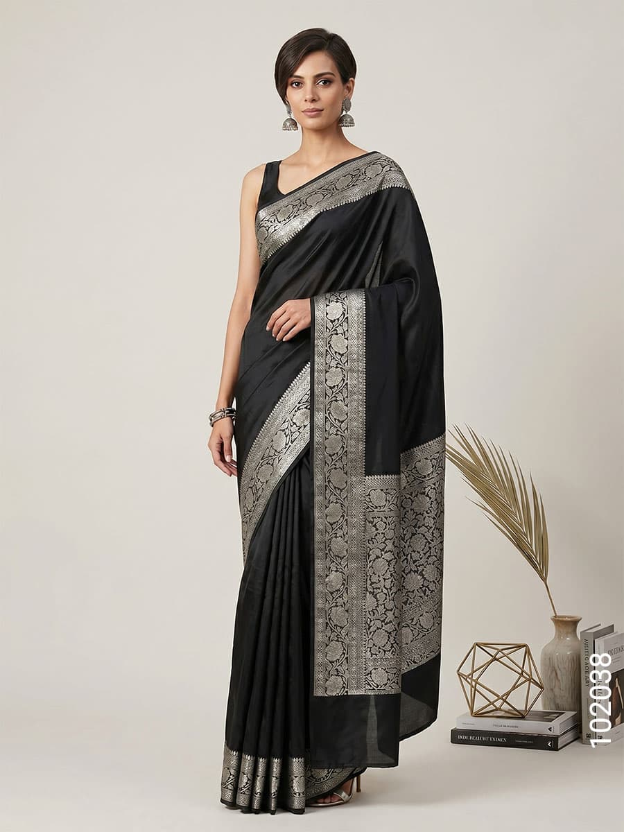 Black soft silk zari plain saree