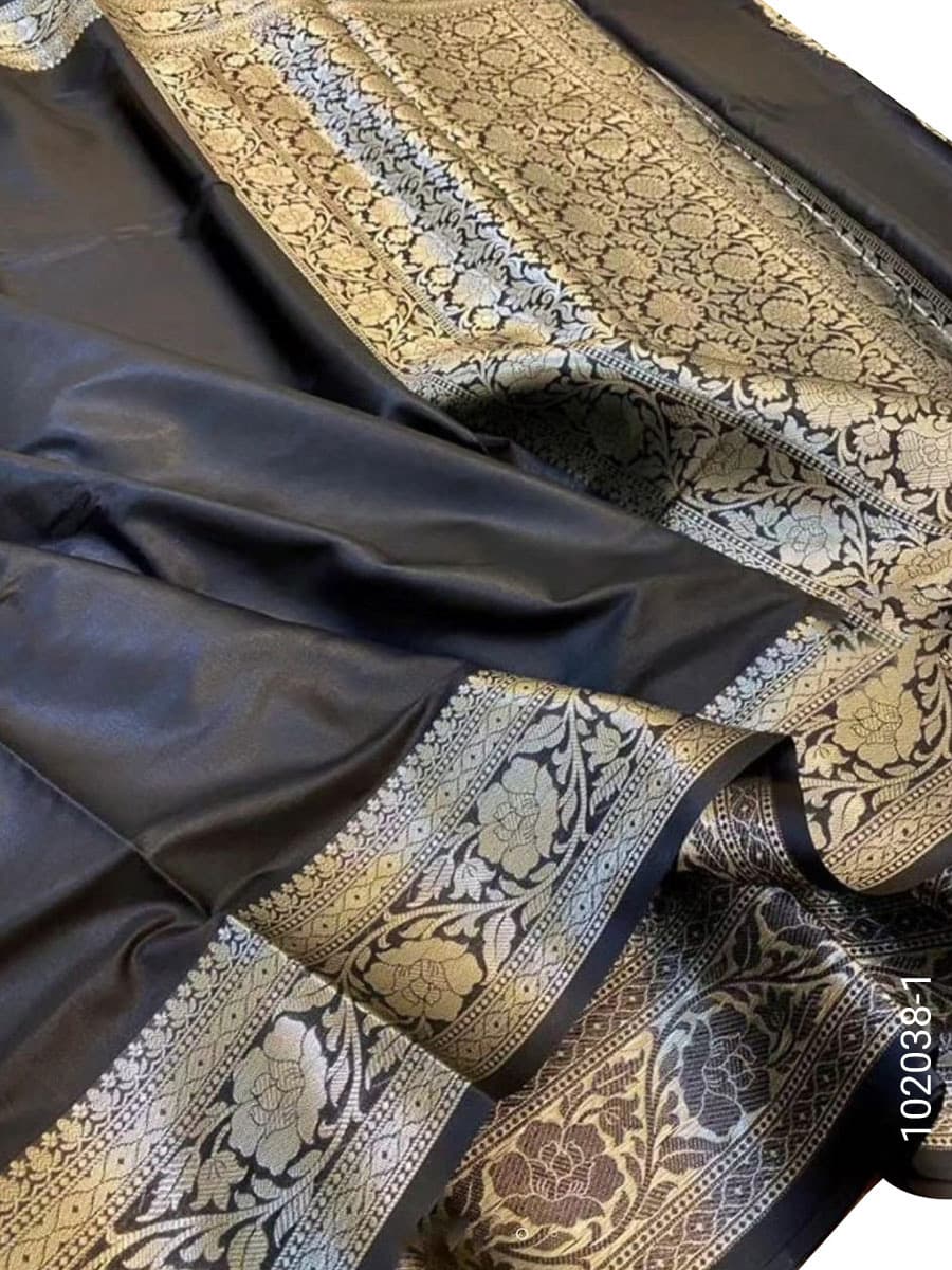 Black soft silk zari plain saree