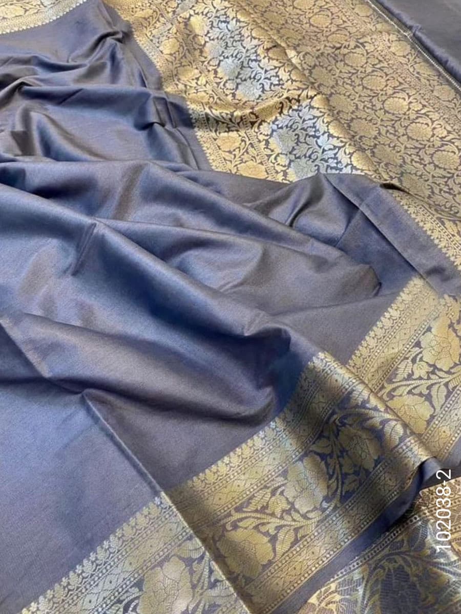 Grey soft silk zari plain saree
