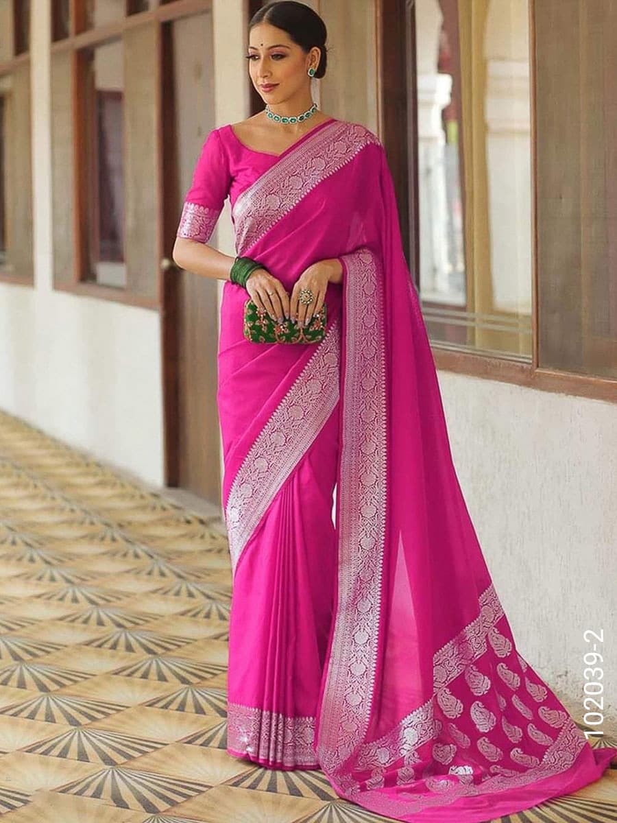 Fuchsia soft silk zari plain saree