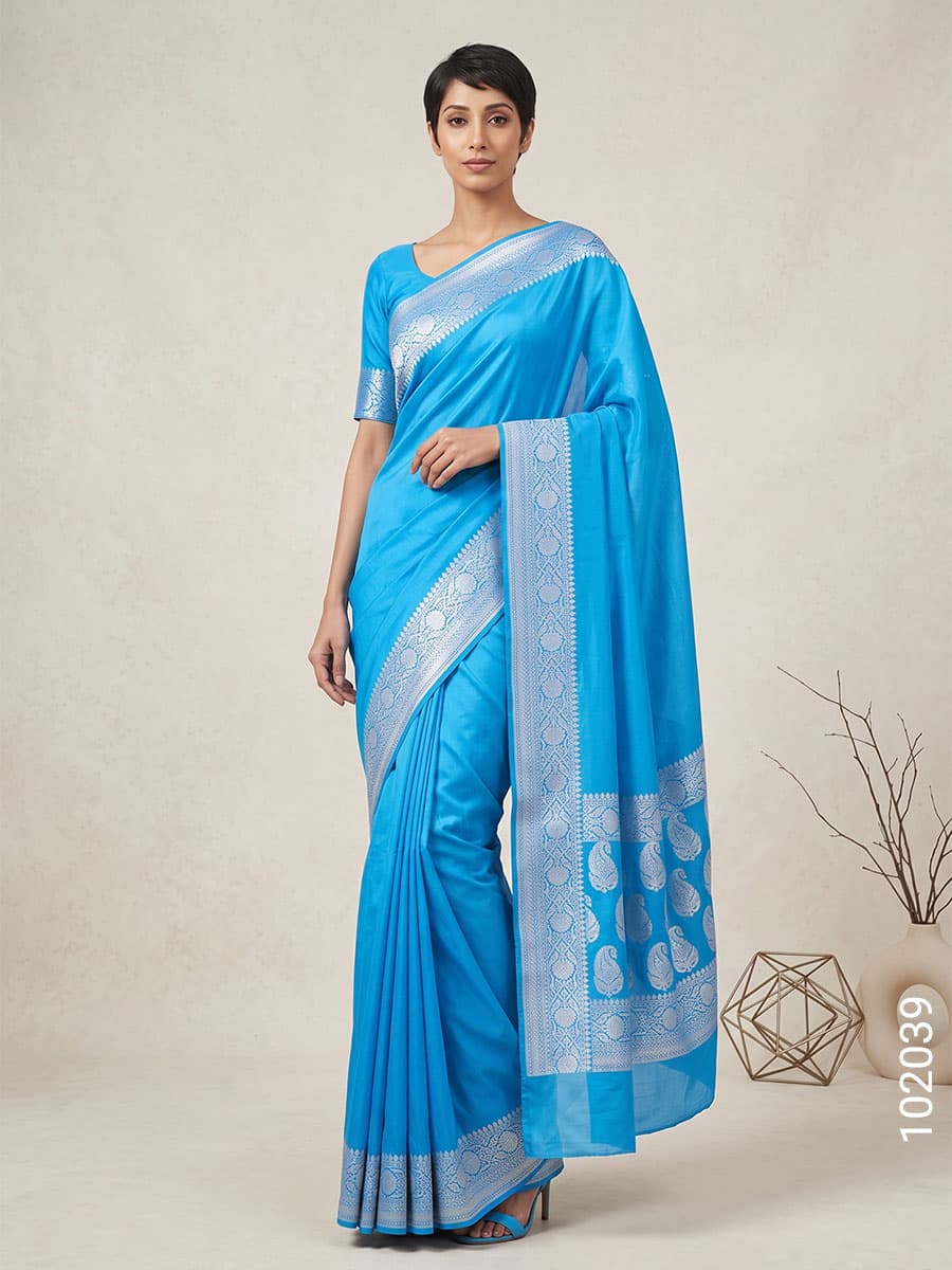 Sky Blue soft silk zari plain saree