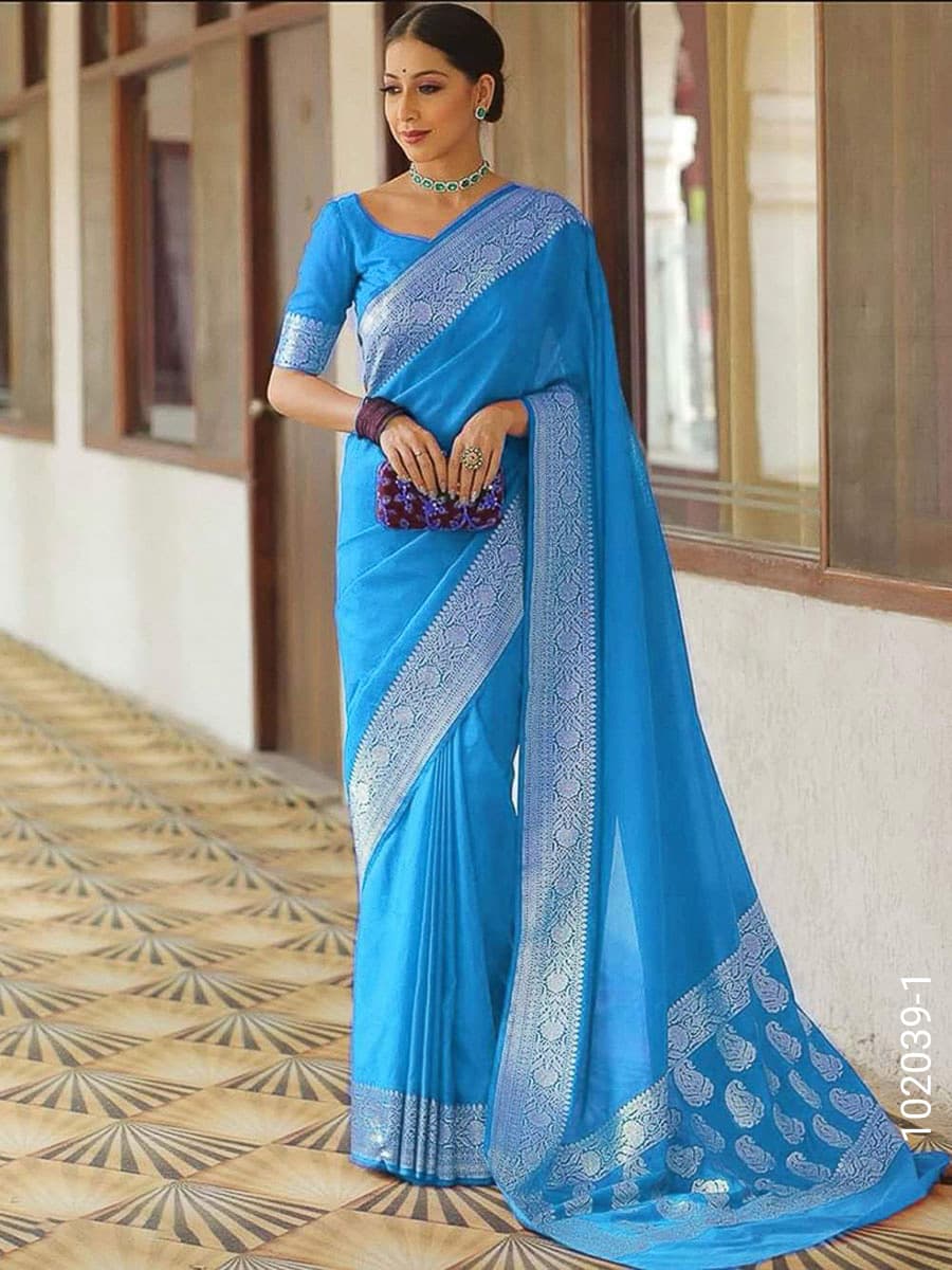Sky Blue soft silk zari plain saree