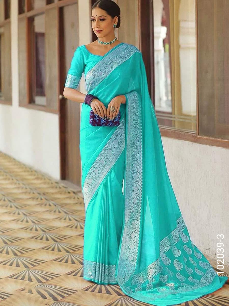 Turquoise soft silk zari plain saree