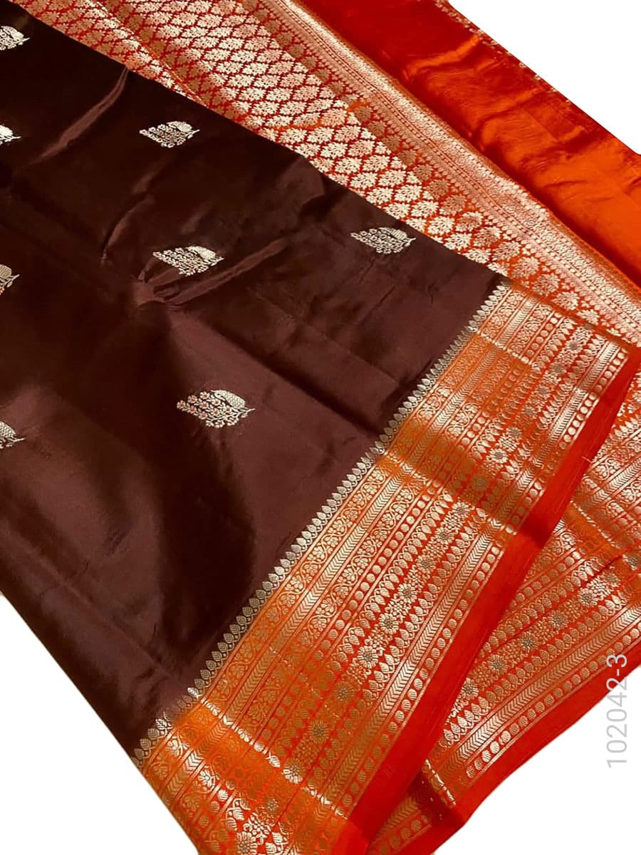 Brown katan silk zari buti saree