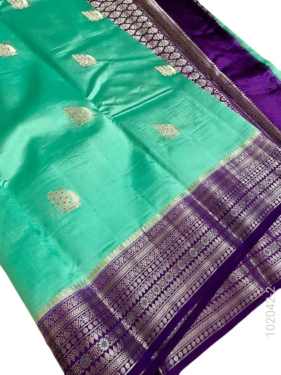 Turquoise katan silk zari buti saree