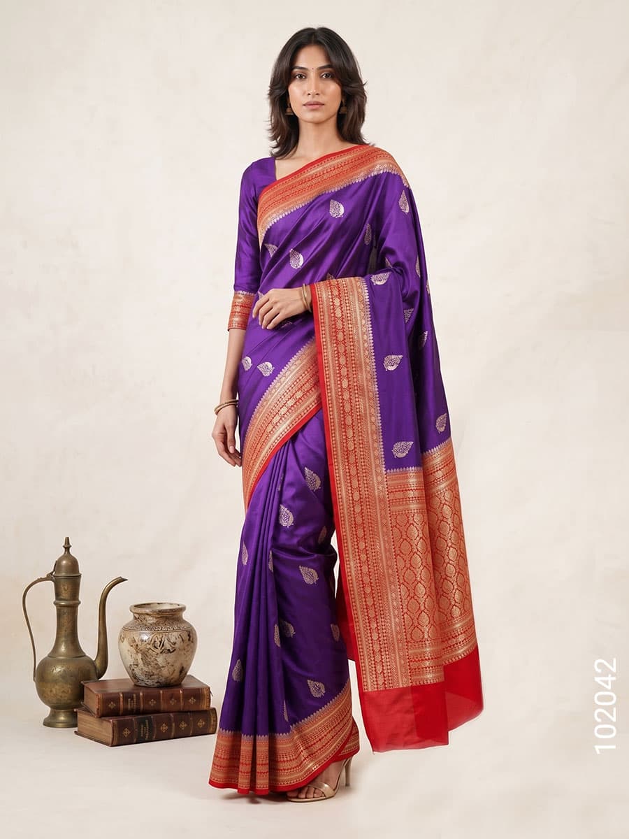 Violet katan silk zari buti saree