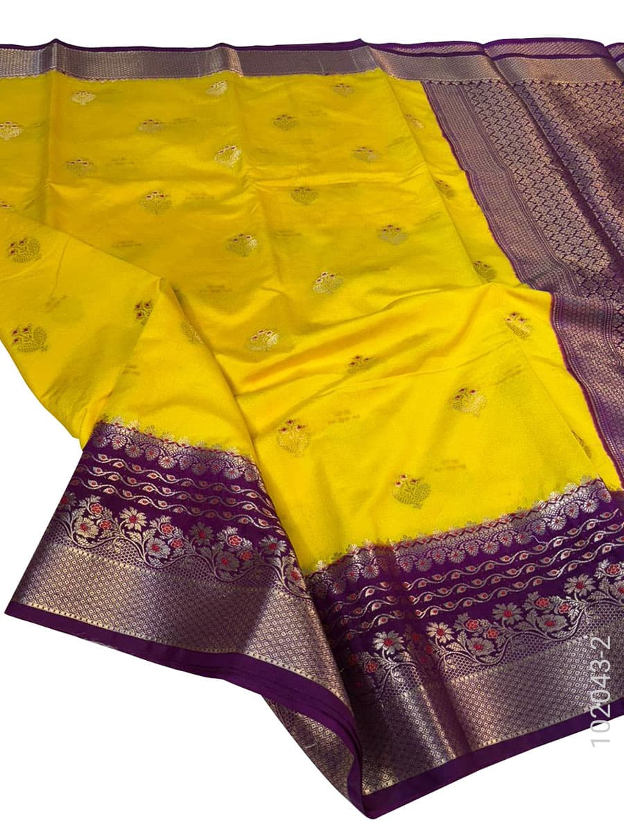 Yellow soft silk zari buta saree