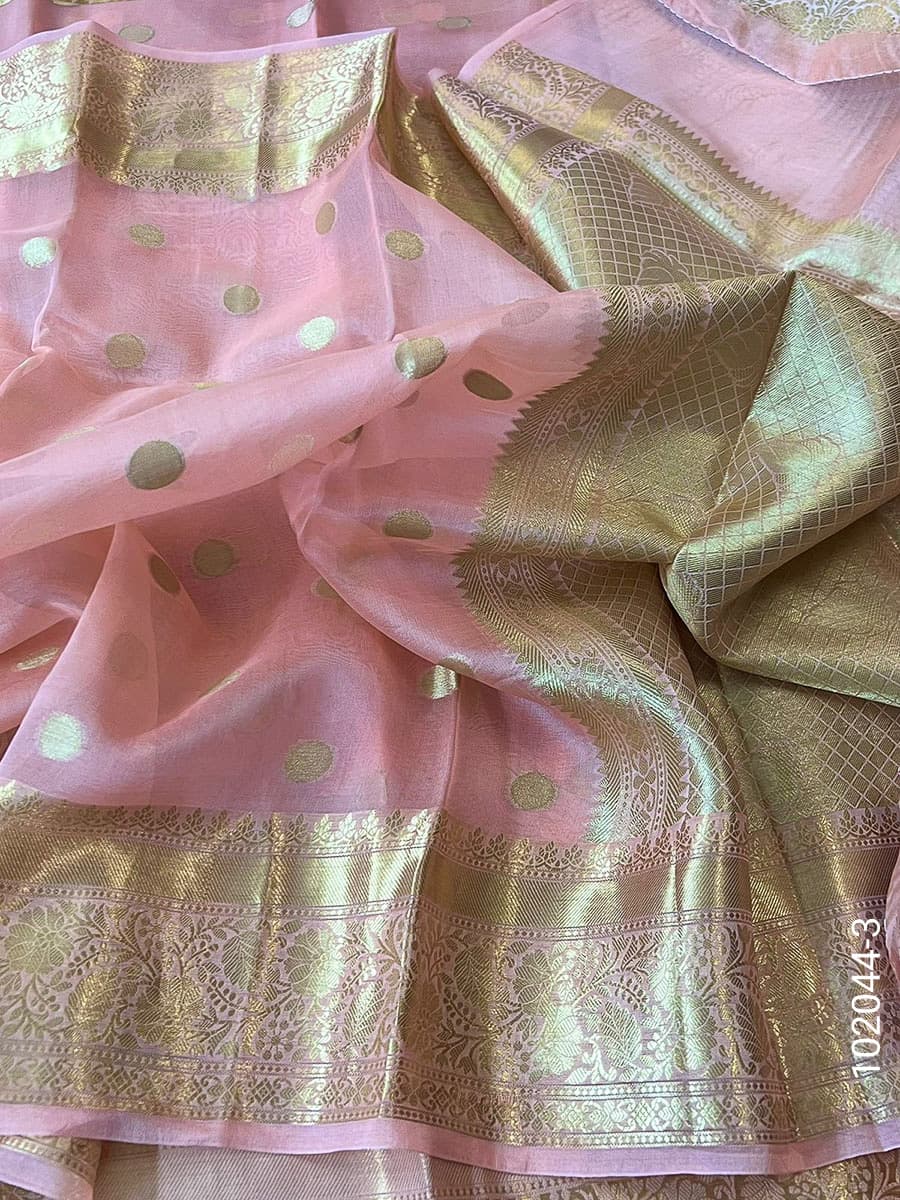 Light Pink kora organza zari dollar buti saree