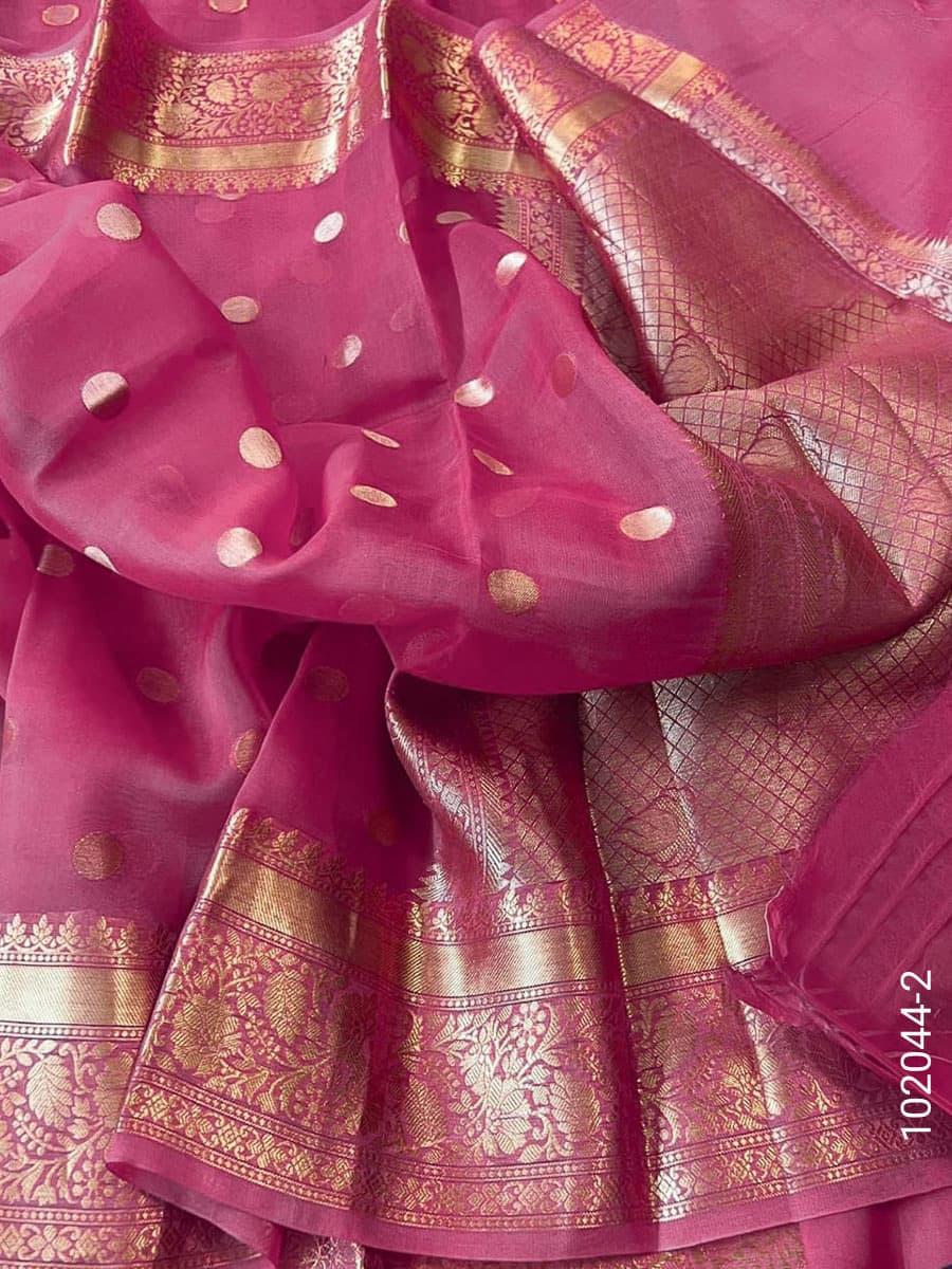 Pink kora organza zari dollar buti saree