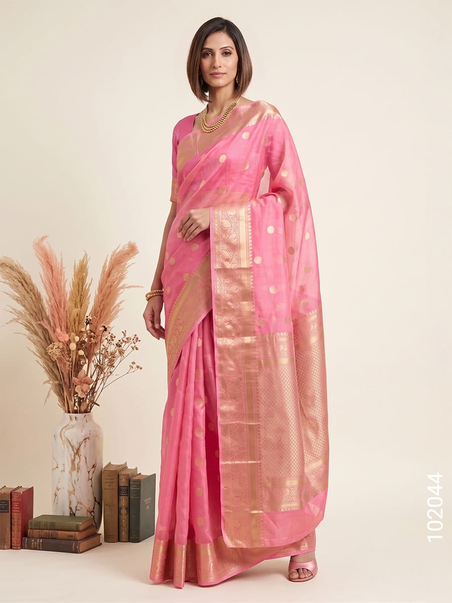 Pink kora organza zari dollar buti saree