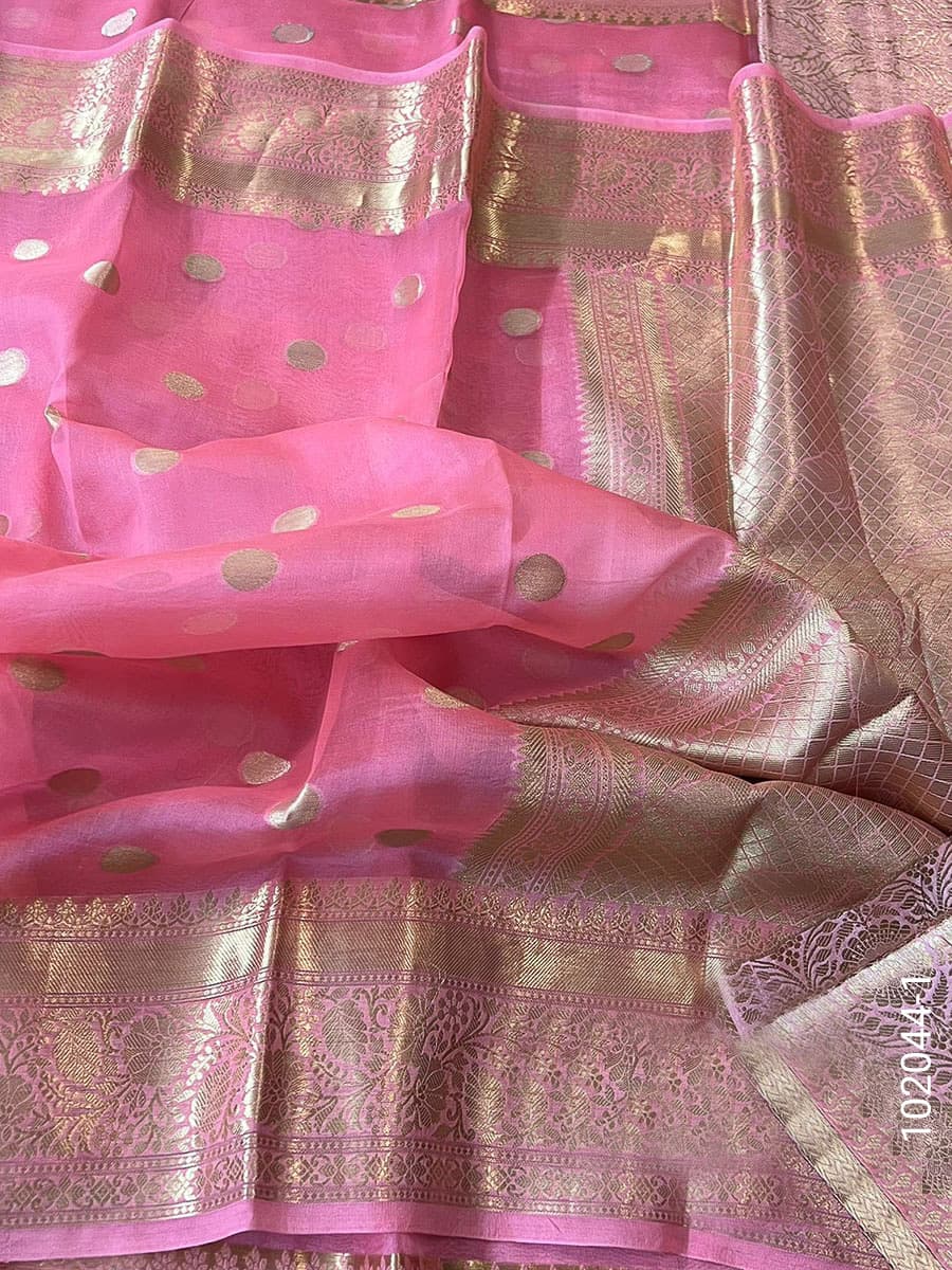 Pink kora organza zari dollar buti saree