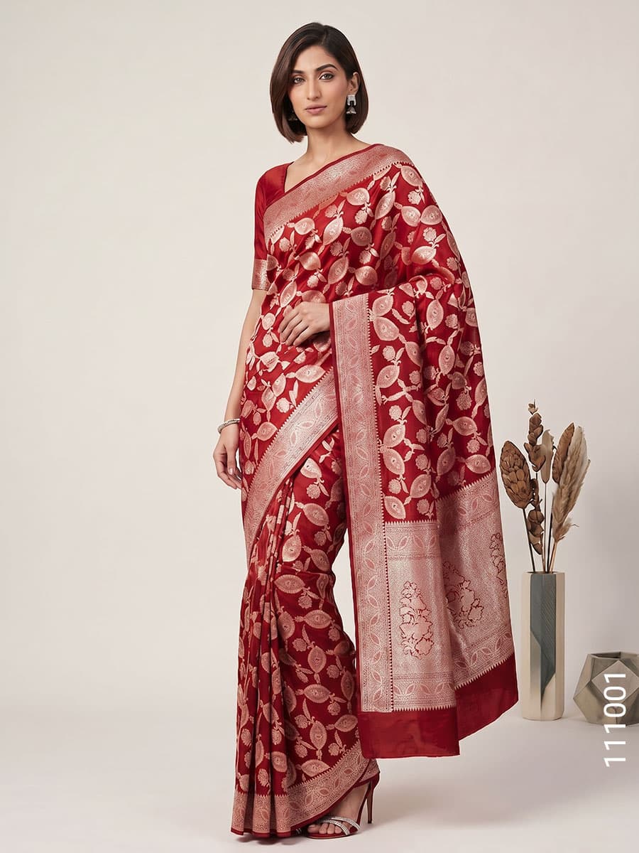 Red katan silk zari jaal saree