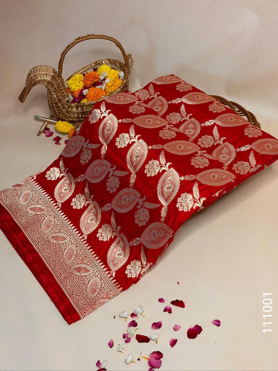 Red katan silk zari jaal saree