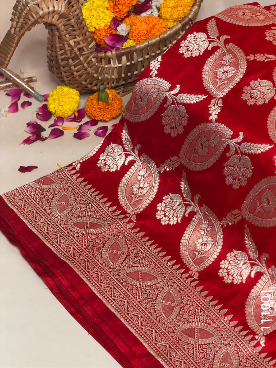 Red katan silk zari jaal saree