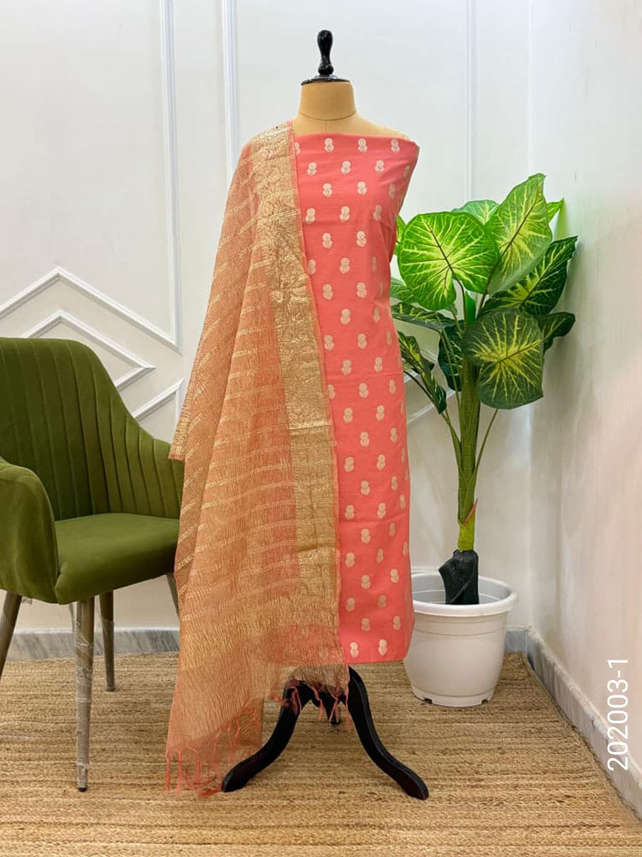 Peach mercerized cotton zari buti suit with tissue dupatta