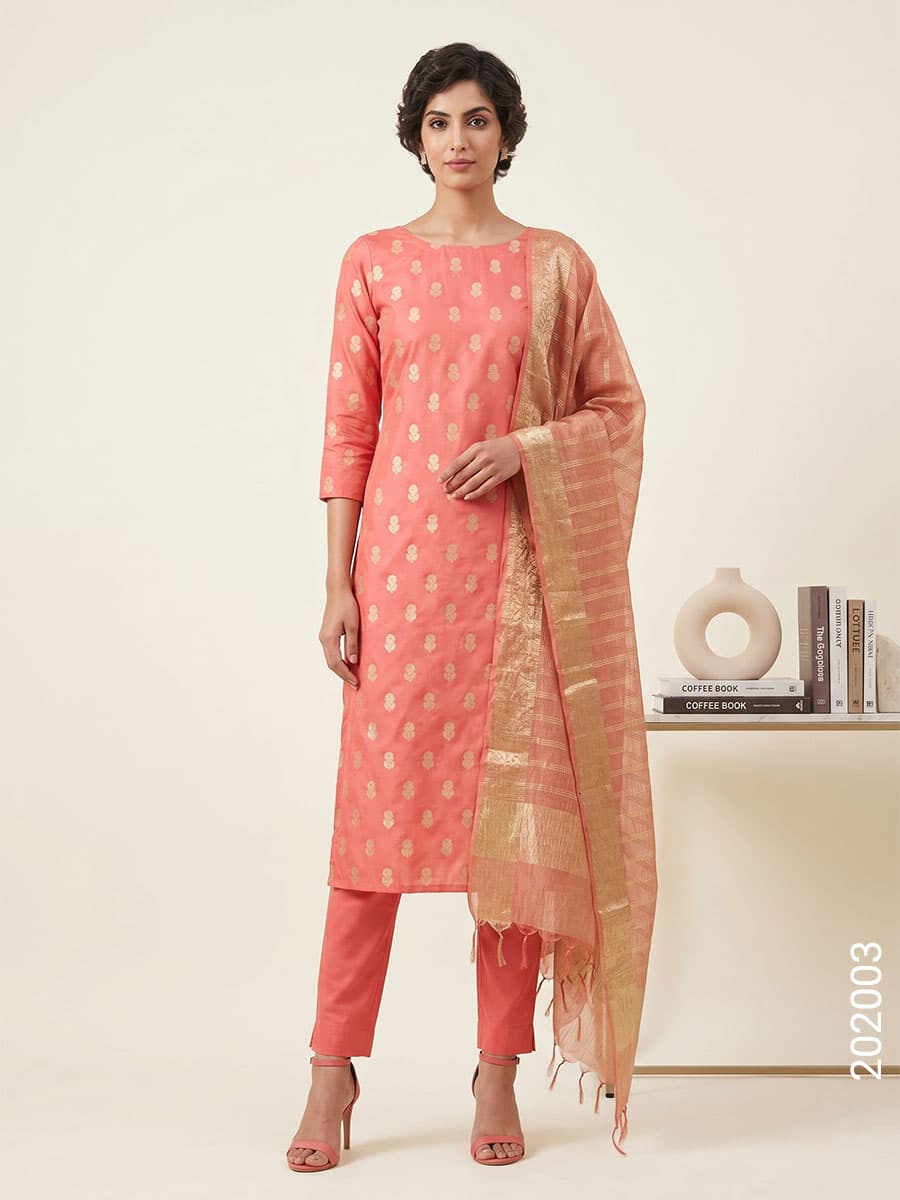 Peach mercerized cotton zari buti suit with tissue dupatta