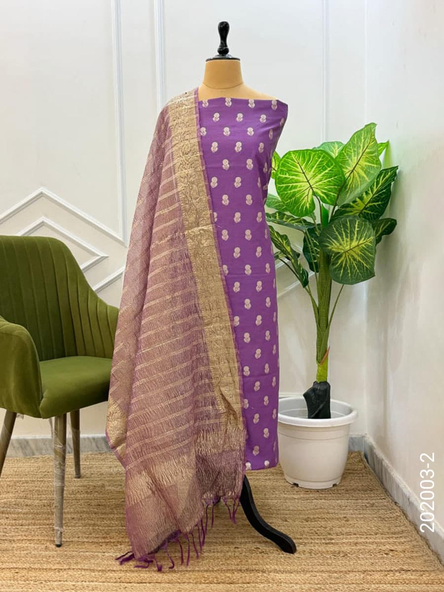 Violet mercerized cotton zari buti suit with tissue dupatta