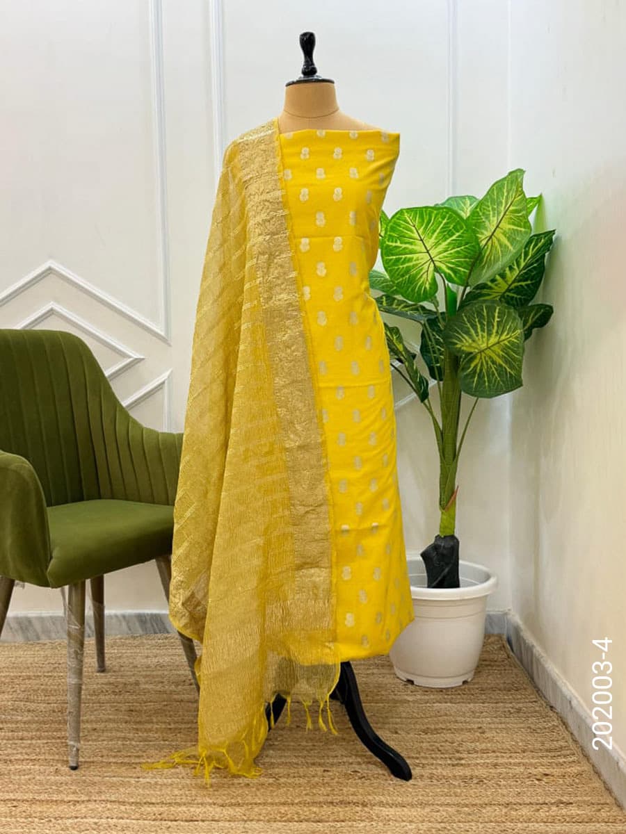 Yellow mercerized cotton zari buti suit with tissue dupatta
