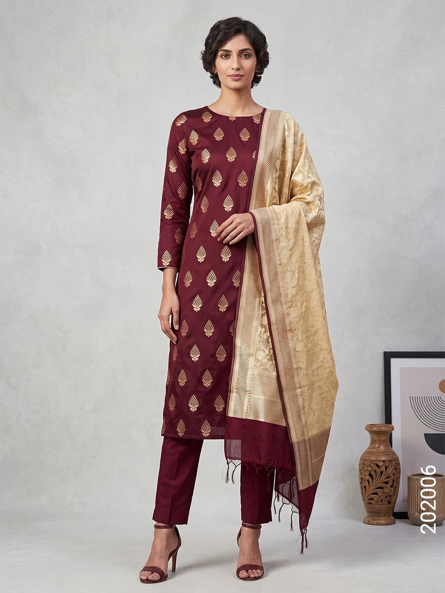 Maroon mercerized cotton zari buta suit with masrise cotton dupatta