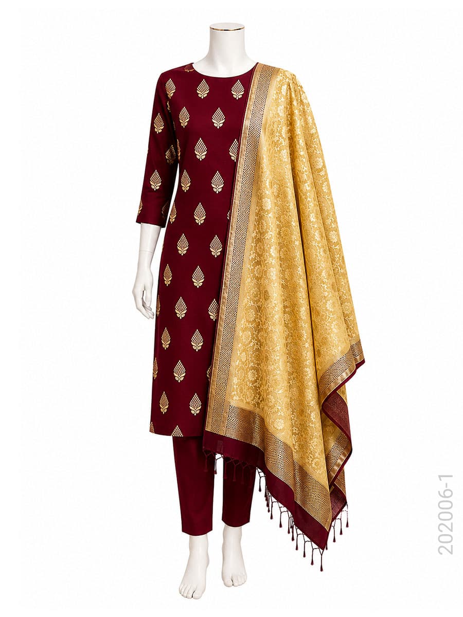 Maroon mercerized cotton zari buta suit with masrise cotton dupatta