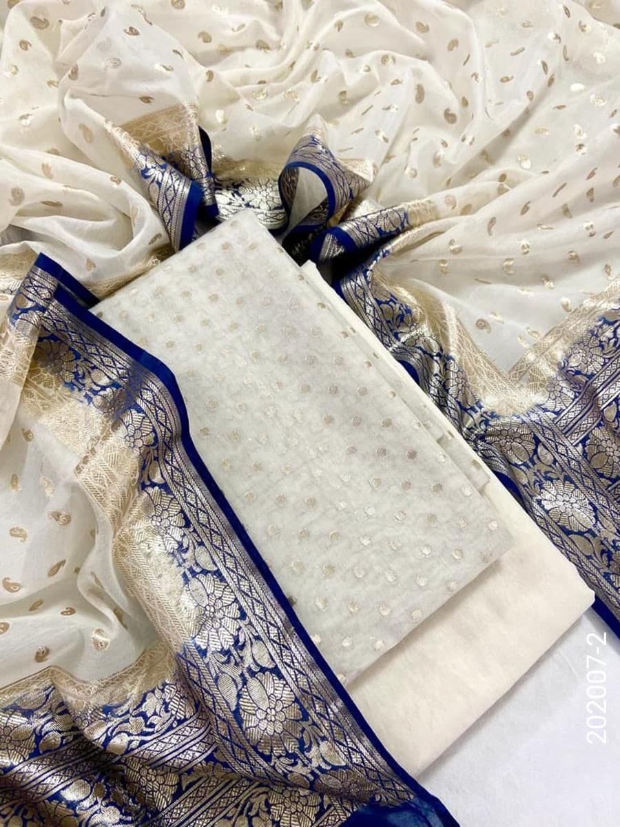 Blue mercerized cotton zari buti suit with cotton dupatta