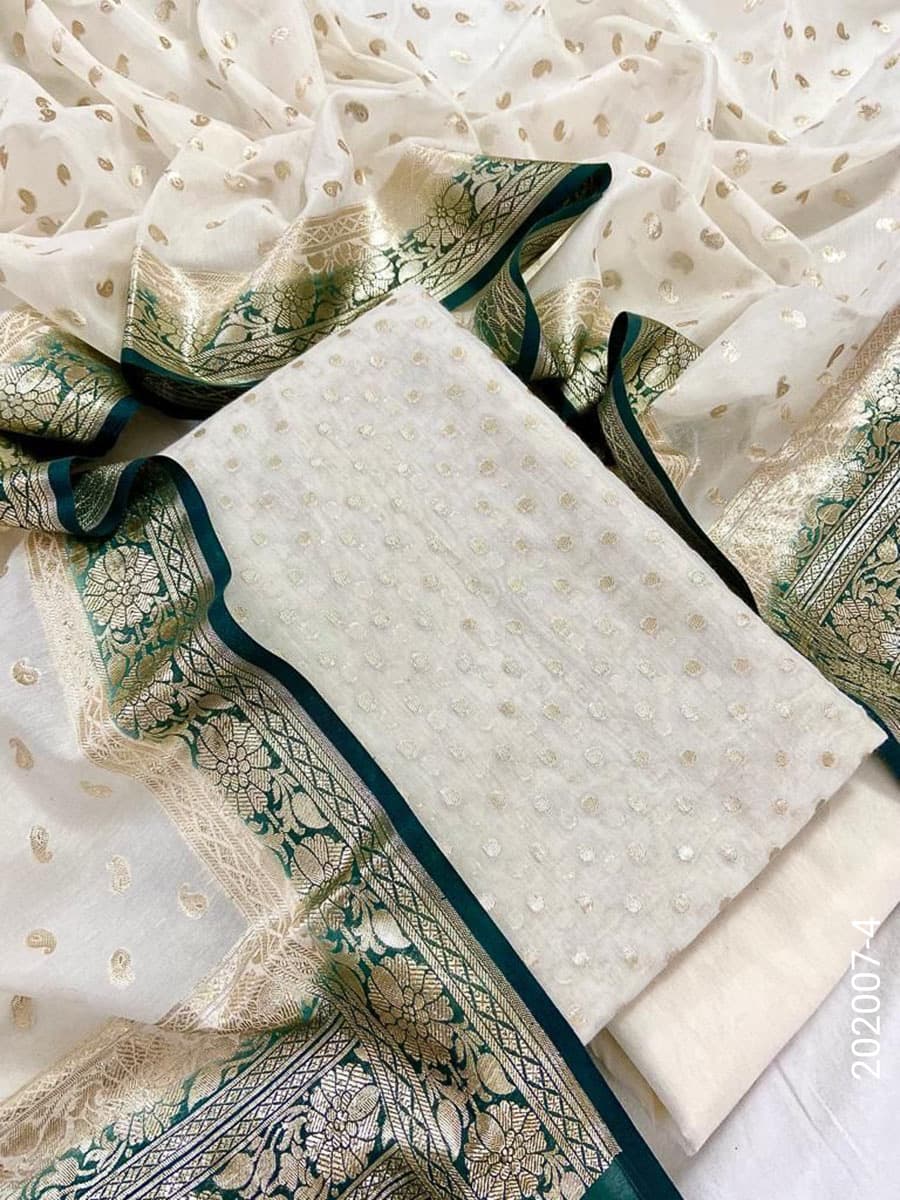Green mercerized cotton zari buti suit with cotton dupatta