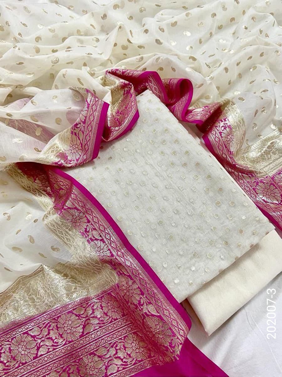 Magenta mercerized cotton zari buti suit with cotton dupatta