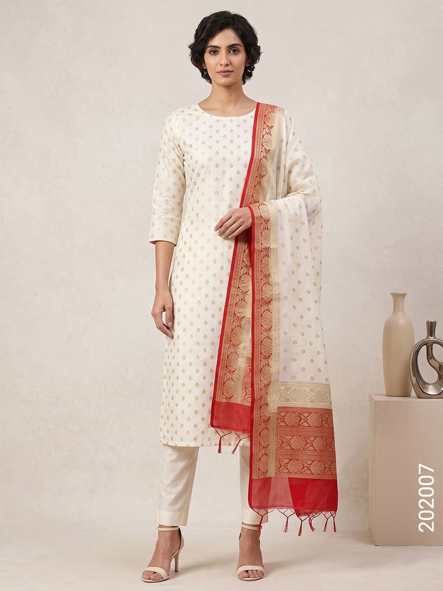 Red mercerized cotton zari buti suit with cotton dupatta
