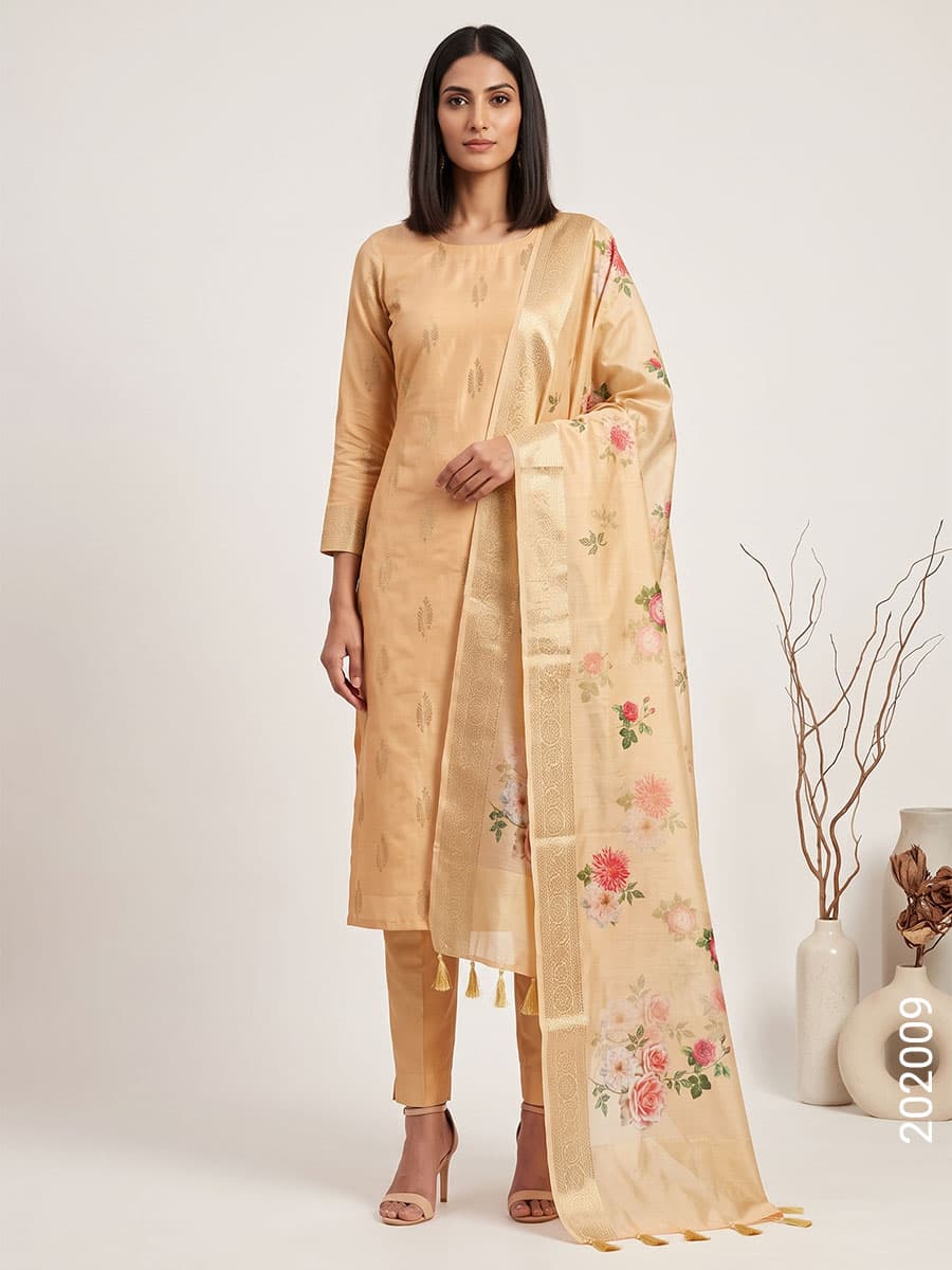 Mercerized Cotton Zari Buta Suit with Chanderi Dupatta