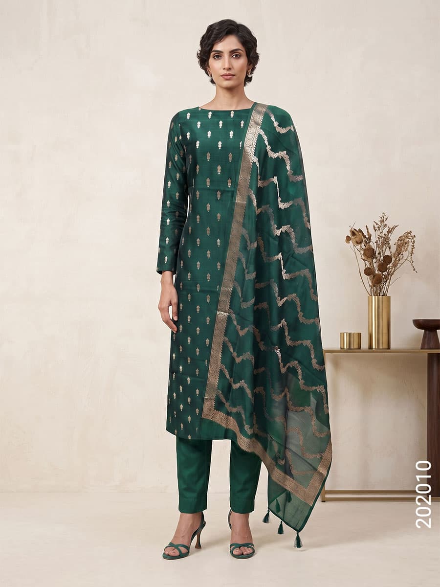 Katan Silk Zari Buti Suit with Katan Silk Dupatta in Emerald Green