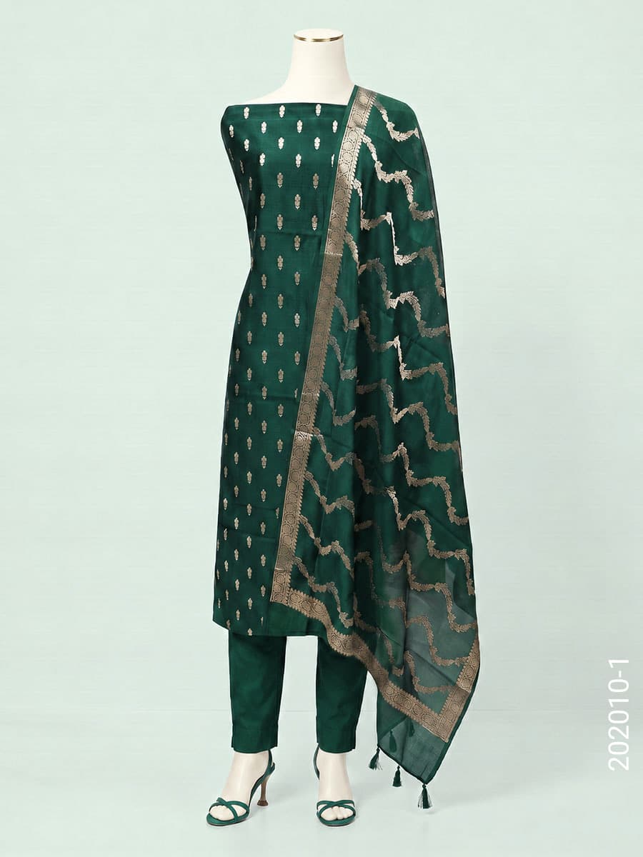 Katan Silk Zari Buti Suit with Katan Silk Dupatta in Emerald Green