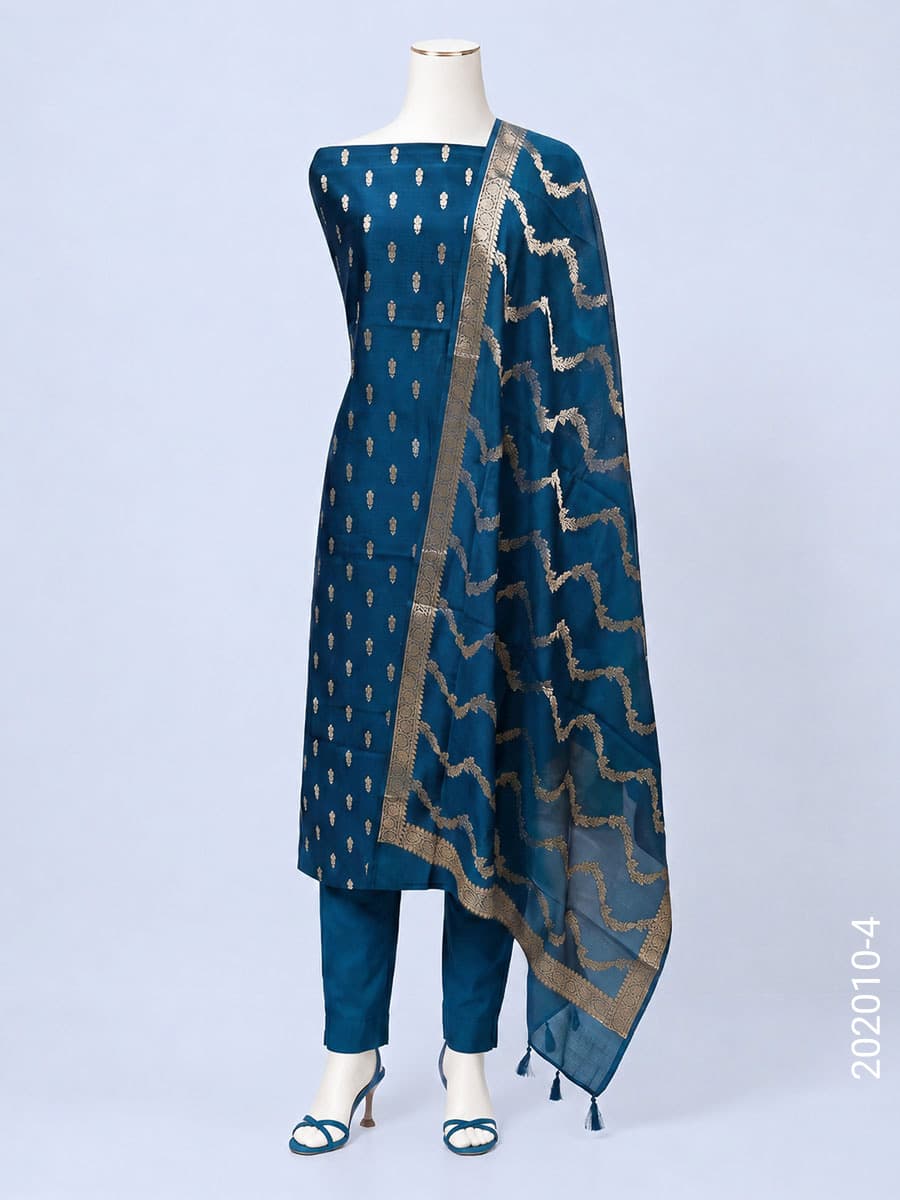 Katan Silk Zari Buti Suit with Katan Silk Dupatta in Emerald Green