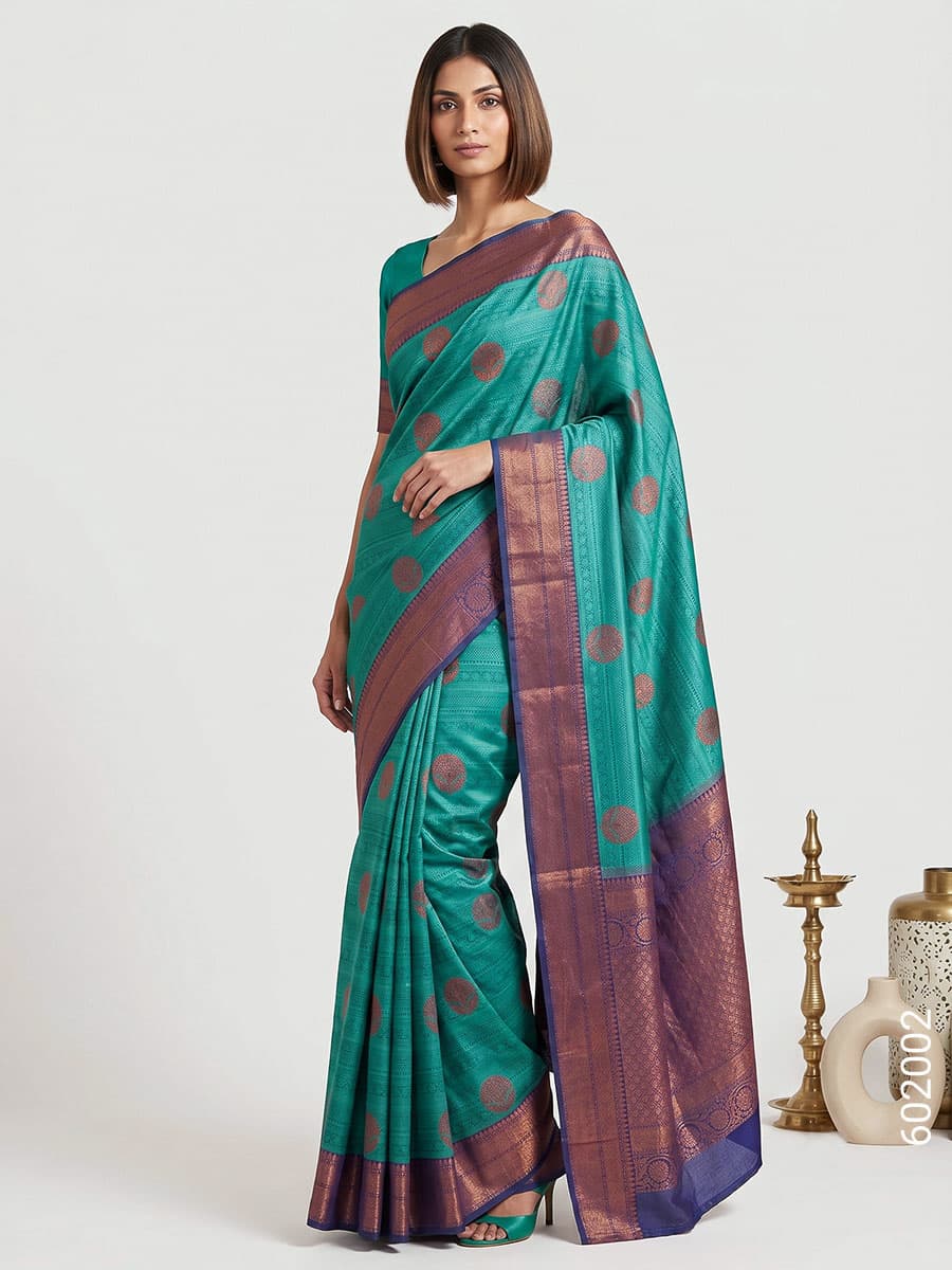 Teal teal cotton silk zari saree