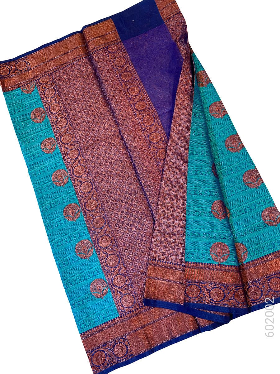 Teal teal cotton silk zari saree