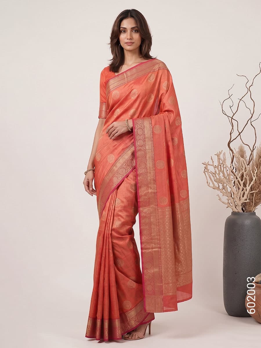 Peach peach cotton silk zari saree
