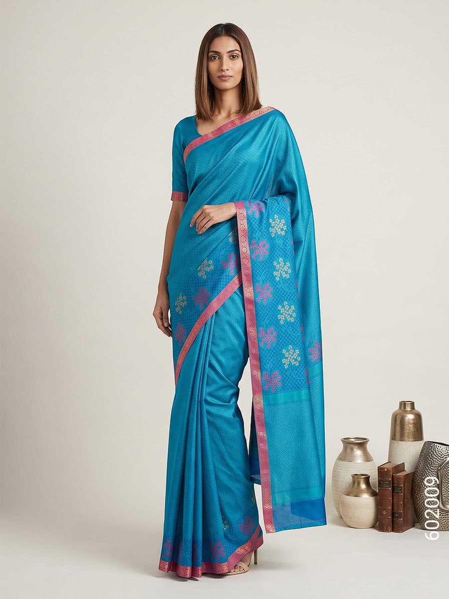 Blue blue cotton silk zari saree